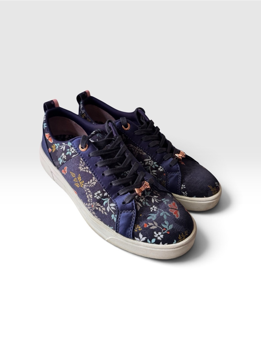 Ted Baker Navy Floral Lace-Up Women's Sneakers with Rose-Gold Accents